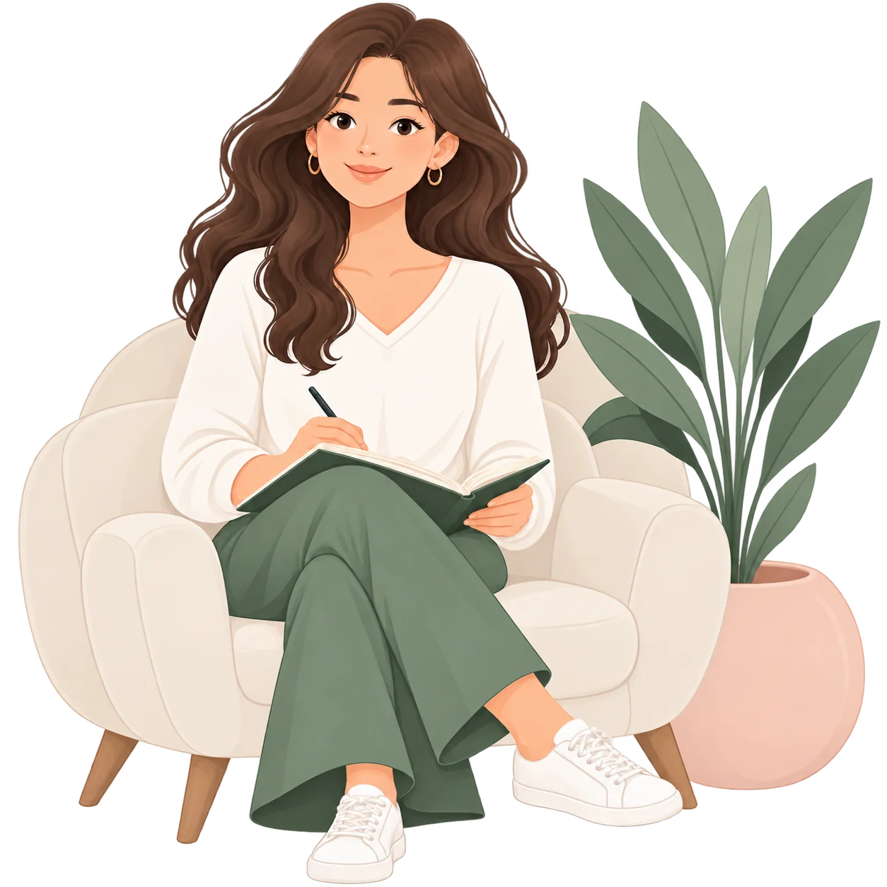 Ilustración cálida de una psicóloga sentada con su cuaderno, lista para escuchar