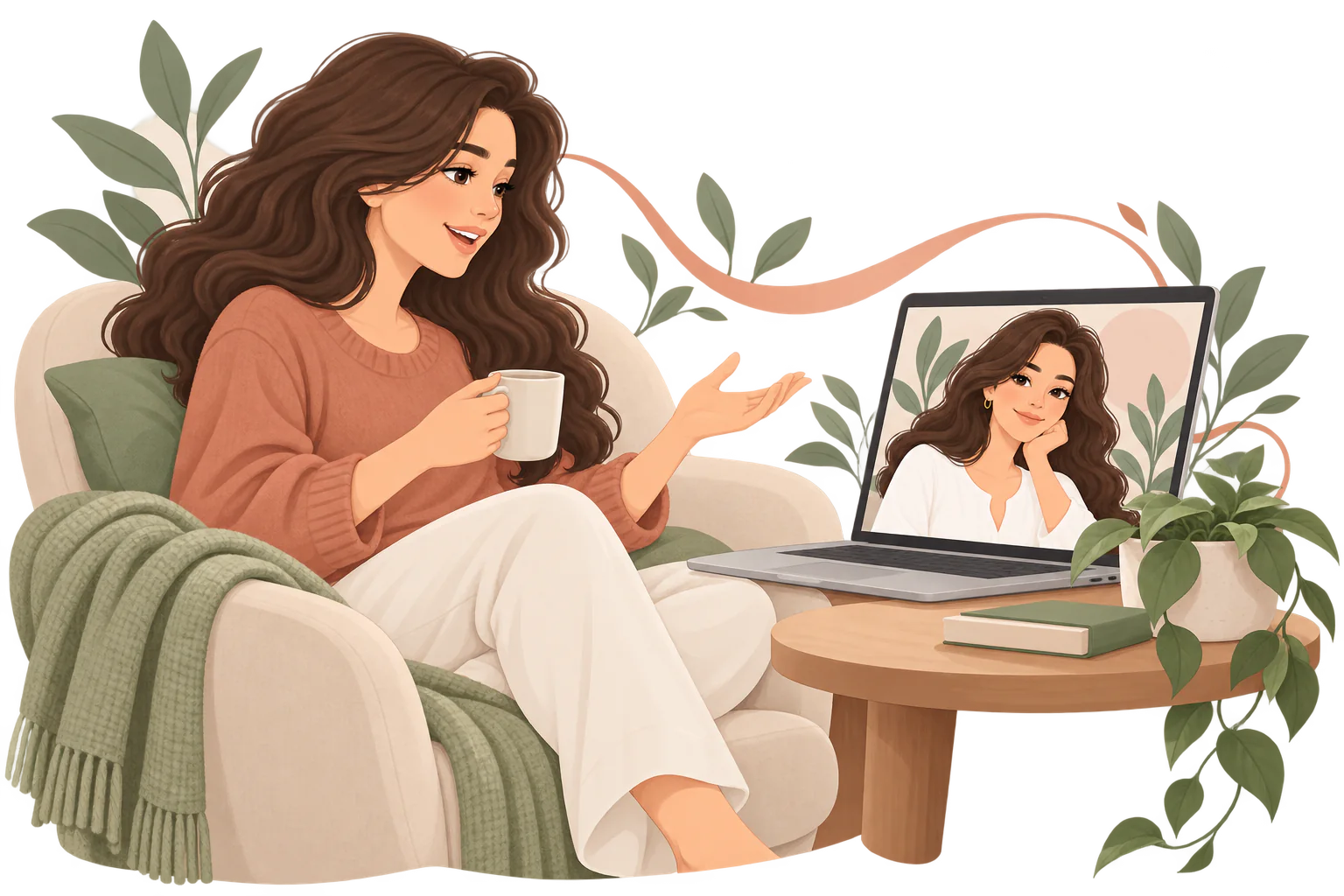 Ilustración de una conversación de acompañamiento por videollamada